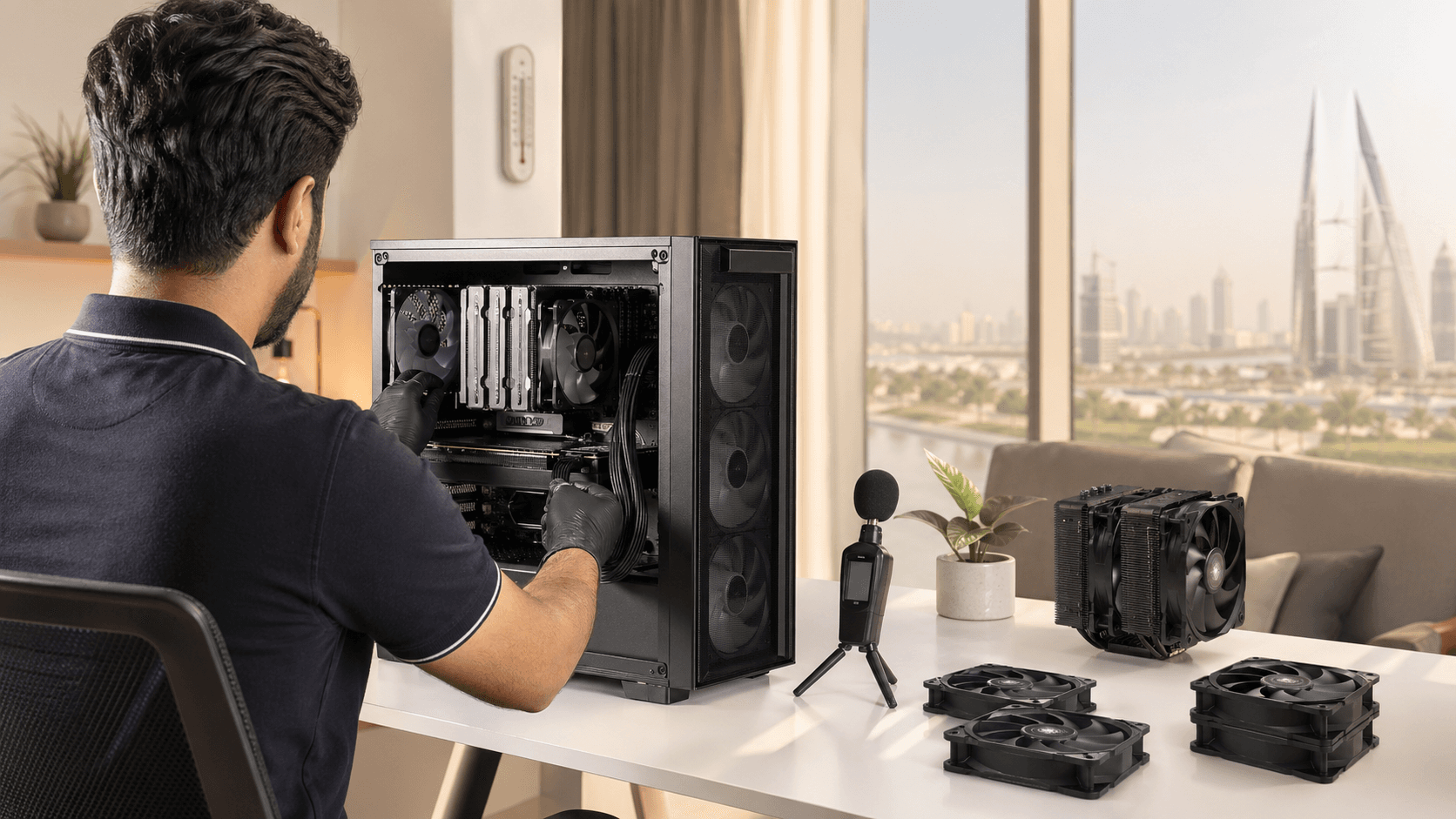 Sleek black PC tower with RGB fans on a desk, soft blue lighting, desert heat haze visible through a window