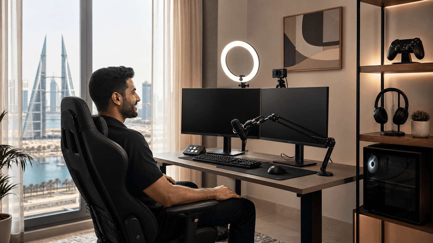 Cozy gaming chair centered in a Bahrain apartment, with RGB lights, dual monitors, and warm ambient glow.
