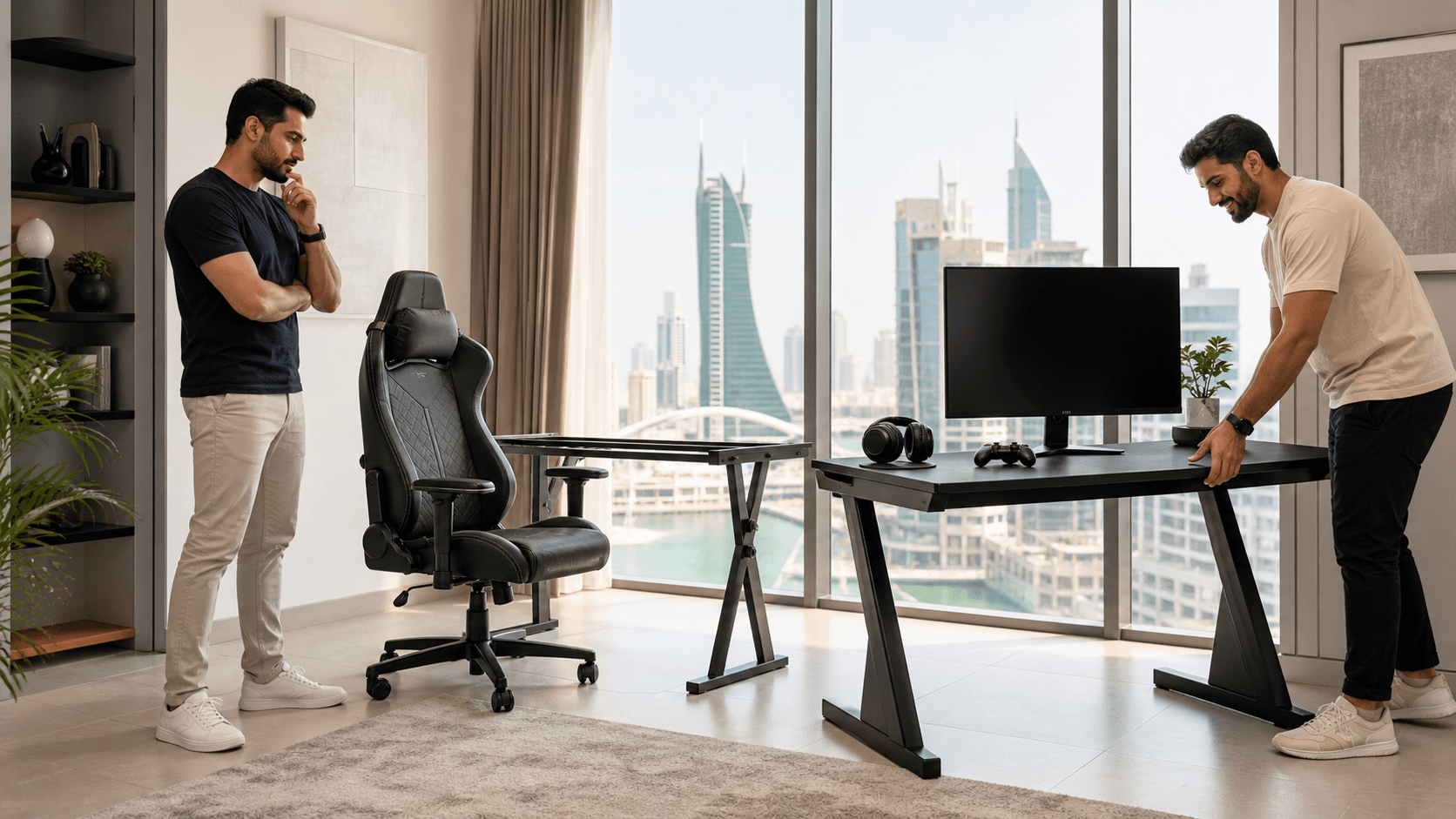 Modern gaming setup with RGB-lit desk and racing-style chair, neon blue and purple glow in a dark room