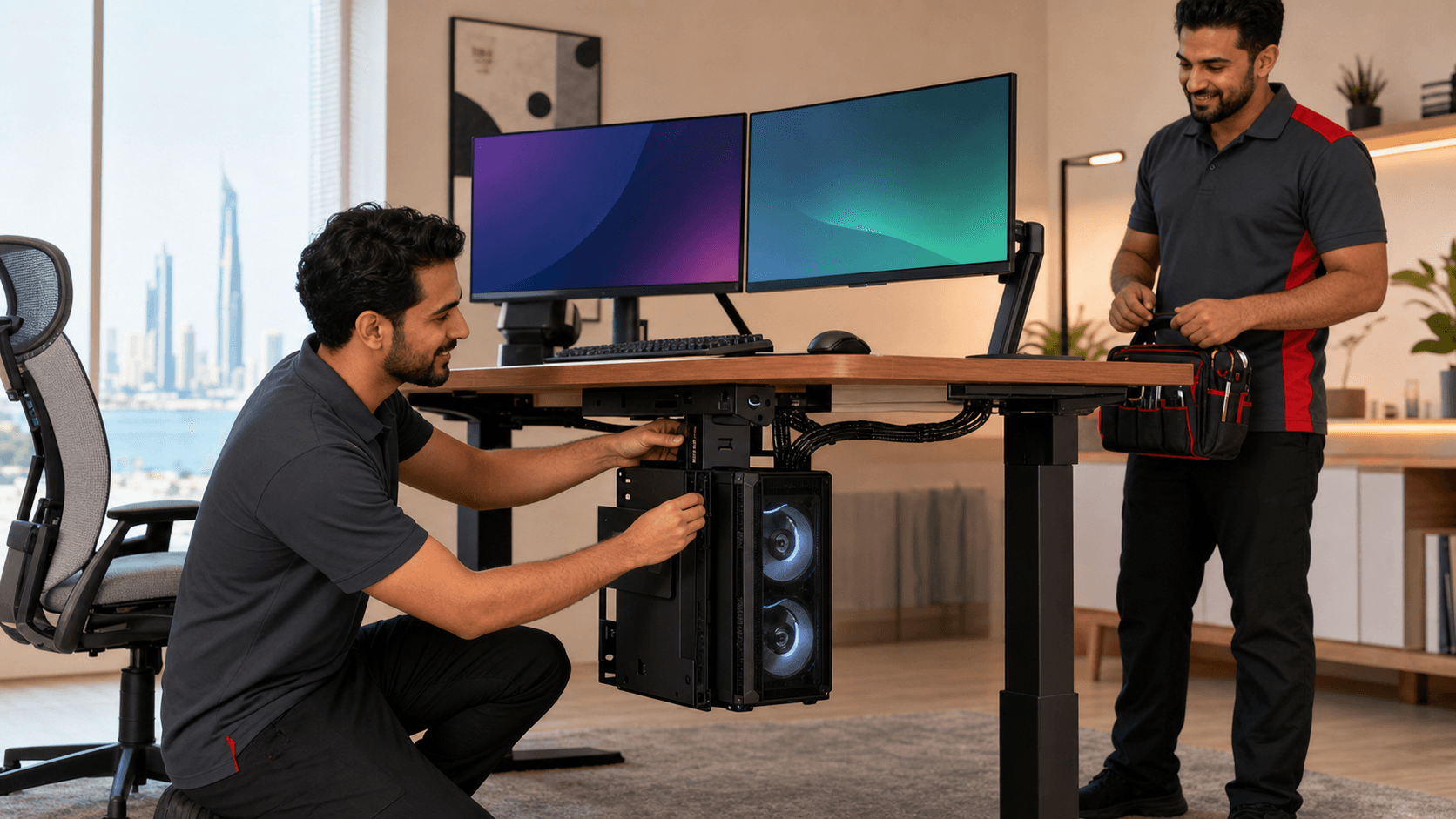 Modern gaming desk with RGB-lit PC mounted underneath, tidy cable channels, and warm ambient lighting