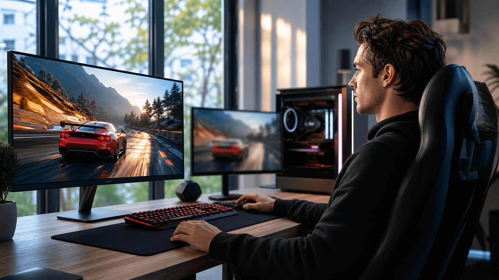 Neon-lit gaming setup with a powerful PC tower facing a monitor showing fast-paced racing graphics.