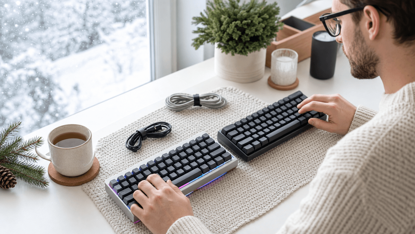 Two compact PC cases side by side on a snowy desk, cool blue lighting, winter decor and soft glow in the background.