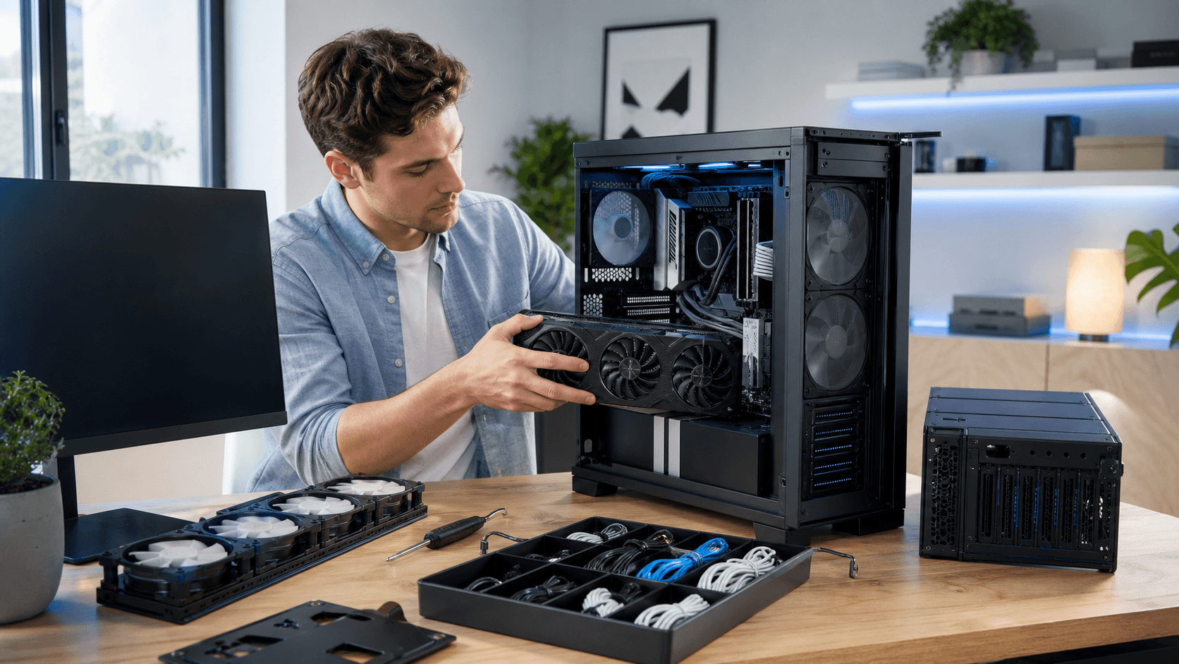 Glowing RGB gaming PC with visible components beside upgrade parts on a dark blue desk.
