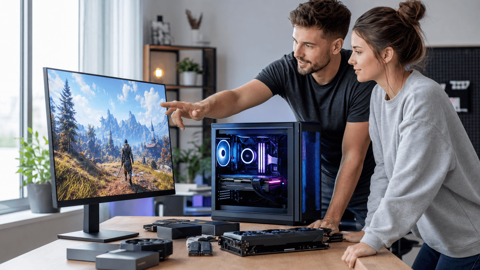 Desk setup with a widescreen monitor, PC parts and tools laid out, lit by cool blue ambient lighting.