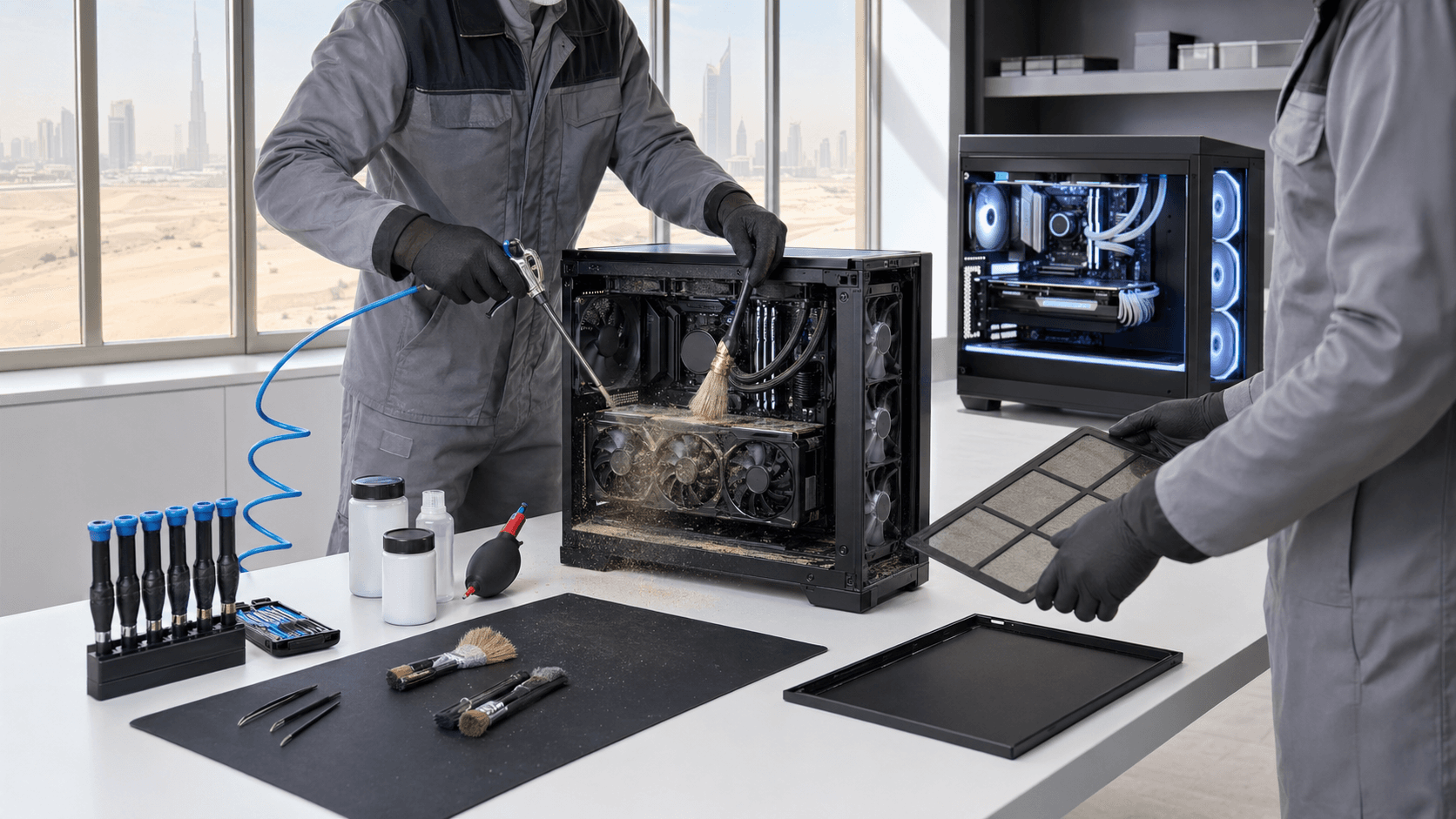 Open PC tower with RGB-lit fans and dust buildup, with a hand using a brush under bright workshop lighting