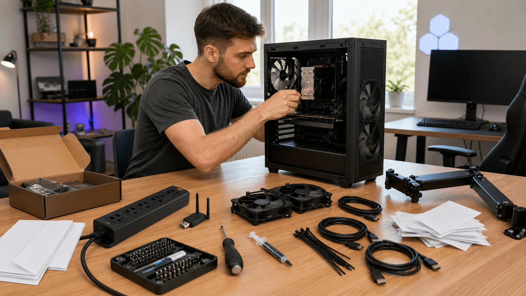 RGB-lit gaming PC beside scattered components, cables, tools, and price tags on a dark desk.