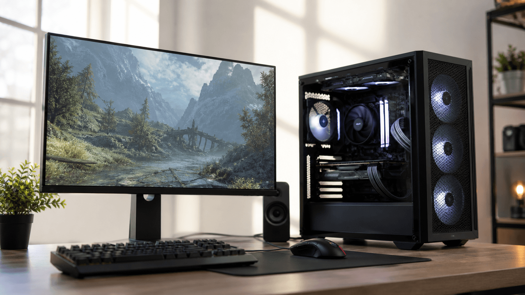 RGB-lit gaming PC beside a monitor showing a plummeting FPS graph, dark neon glow and dramatic lighting