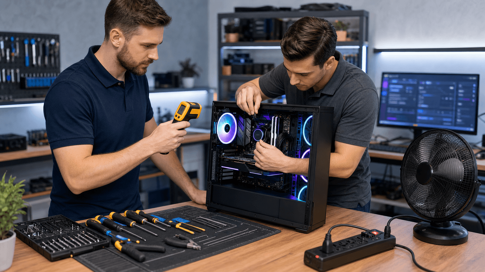 RGB-lit gaming PC tower with an overheating warning on screen, dim room, heat haze rising from vents